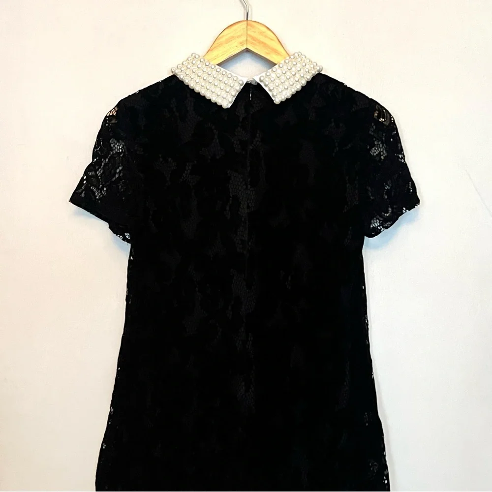 Betsey Johnson Wednesday Addams Inspired Lace Dress Faux Pearl Collar Size 4